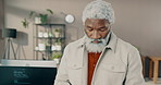 Business, tablet and black man in office, investment deal and research for trading. Mature person, investor and employee in workplace, tech and internet with financial agency, email and connection