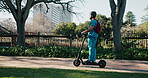Health, professional and man on scooter outdoor for morning commute, journey or ride to university. Nursing scholarship, medical student and travel on electric transport for trip to college campus