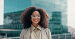 Glasses, smile and face of business women in city for legal advisor, confidence and about us. Court case consultant, lawyer and professional advocate with person outdoor for corporate and attorney