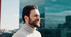 Thinking, smile and business man in city for legal advisor, confidence and reflection. Court case consultant, lawyer and professional advocate with person outdoor for corporate, vision and attorney