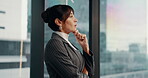 Vision, window and business woman in office for legal advisor, confidence and reflection. Case consultant, lawyer and professional advocate with mature person for corporate, thinking and attorney