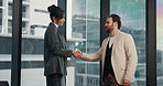 Happy, business people and office with handshake for partnership, deal or agreement together. Businessman, woman or colleagues shaking hands with smile for meeting, teamwork or b2b in workplace