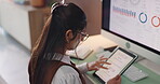 Computer screen, data and tablet with business woman in office for social media analytics. Charts, display and infographic with employee at desk in workplace to monitor engagement traffic from above