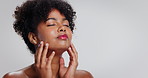 Skincare, touch or black woman with makeup in studio, radiant or natural beauty for spa treatment. Relax, cosmetics or African person with mockup space, dermatology or self love on white background