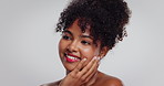 Skincare, happy and black woman in studio with natural, wellness or facial glow with cosmetics. Mockup space, beauty and African female person with face dermatology for health by white background.