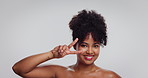 Skincare, peace sign or woman in studio with smile, beauty or natural cosmetics for wellness. Portrait, happy or female person on white background with v hand gesture, makeup or even tone with space
