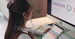 Above, computer screen and tablet with business woman in office for social media analytics. Charts, data and infographic on display with employee at desk in workplace to monitor engagement or traffic