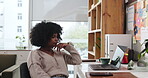 Thinking, employee and woman with laptop, home and  campaign ideas, freelance or marketing strategy. Creative, brand manager and African person with tech for plan, remote work and reflection in house