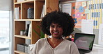 Happy, black woman and face with headset on laptop in home for creative freelance agency. Portrait, female person or consultant with smile on computer for online innovation or remote service in house