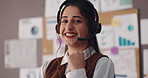 Happy woman, face and consultant with headset for analytics, business performance or advice in home. Portrait, female person or freelance agent with smile for online review, statistics or remote work
