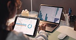 Woman, hands and tablet screen with laptop for analytics, statistics or performance review in home. Female person, analyst or freelancer with technology, graph or chart for remote work or revenue