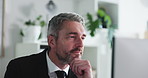 Business, thinking and man computer, online reading and financial agency with investment deal. Mature person, employee and investor with pc, decision and research for stock market stats with choice
