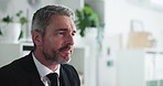 Business, computer and man with doubt, online reading and financial agency with investment deal. Mature person, employee and investor in office, pc and research for stock market, choice or confused