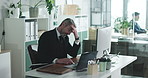 Mature, tired man and frustrated with computer for stress, financial crisis or audit mistake at office. Male person, business employee or headache with migraine on tech for strain, debt or burnout