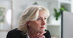 Computer, reading and thinking with business woman in office for financial administration or review. Planning, problem solving and research with mature employee at work for finance or risk management