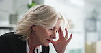Mature, tired woman and headache with computer for stress, financial crisis or mistake at office. Female person, business employee or frustrated with migraine on tech for strain, debt or burnout