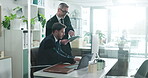 Computer, tablet and training with business people in office together for coaching or feedback. App, management and review with mentor speaking to intern in corporate workplace for career development