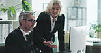 Help, computer and business people in office, conversation and financial agency with teamwork. Employees, man and woman with feedback, pc and research for investment deal, stock market or cooperation
