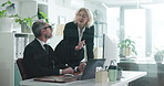 Help, laptop and business people in office, conversation and financial agency with cooperation. Employees, man and woman with feedback, computer and research for investment deal, discussion and audit