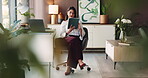 Woman, freelancer and reading on tablet at house for accounting, finance report and review budget. Person, accountant and digital for audit, financial planning and information for investment funding