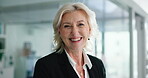 Lawyer, face and woman with smile in office for legal advice, corporate career and pride. Portrait, mature employee and confidence at law firm for litigation, management and justice in agency