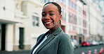 Face, business and black woman with smile in city for real estate ideas, vision and urban development. Thinking, realtor and happy with property reflection, infrastructure and expansion opportunity