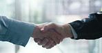 Business people, handshake or meeting with architect for b2b, partnership or construction deal. Closeup, contractor or employee shaking hands with agreement for building service or teamwork in office