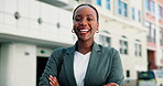 Face, business and black woman with arms crossed in city for travel, about us and accountant. Portrait, female person and confidence with ambition, finance consultant and career pride of commute trip