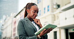 Tablet, thinking and research with business black woman in city for attorney email, legal advice and idea. Lawyer , court report and reflection with person for case feedback and litigation update