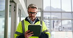 Online, civil engineer and man with tablet, office and planning for property development or walking. Architect, inspection and mature person with tech for renovation, architecture and maintenance