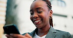 Phone, typing and laugh with business black woman in city for attorney email, legal advice and joke. Communication, court report and meme with person outdoor for case feedback and text message