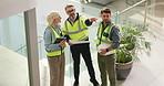 Above, construction site and people with conversation, pointing and feedback in meeting. Discussion, men and woman with gesture, architecture or documents with cooperation, talking or engineering
