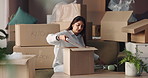 New home, packing and woman with boxes for moving to house, property and rental apartment. Homeowner, mortgage and person with cardboard package for furniture, relocation and real estate purchase