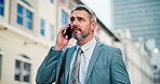 Business, man and talk with phone call in city for discussion, travel and finance consultant. Mature person, mobile and conversation with contact feedback, financial negotiation and chat for commute