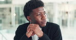 Business, black man and thinking in office for inspiration, decision and reflection for news story. Journalist, thoughts and vision in workplace for idea, planning and serious mindset for solution