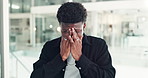 Stress, headache and black man in office with fatigue, burnout or anxiety for creative project. Mistake, exhausted and African copywriter with migraine for pressure in publishing crisis in workplace.