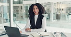 Face, employee and woman with laptop, office or financial analysis for tax filing preparation on web. Happy, bookkeeper and plan for audit with tech, pride and person with digital records in business