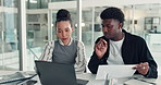 Meeting, paperwork and business people on laptop for finance report, research and budget review. Office, team and man with woman with documents for online proposal, financial planning and revenue