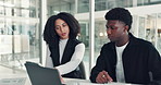 Meeting, tablet and business people on laptop in office for finance report, research and budget review. Teamwork, tech and workers with documents for online proposal, financial planning and feedback