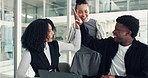 Laptop, group and business people with high five for celebration, training success or clapping. Computer, excited team and applause in office for achievement, goal and work improvement with mentor