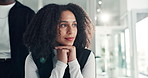 Business woman, thinking and office with vision for company improvement, development or growth. Thoughtful, female person or wonder with daydream in workplace for career ambition or job insight