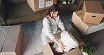 New home, packing and above of woman with boxes for moving to house, property and apartment. Homeowner, mortgage and person with cardboard package for furniture, relocation and real estate purchase