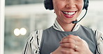 Mouth, headset and woman call center consultant in office with crm, communication or contact us. Talking, mic and technical support agent with online consultation for customer service in workplace.