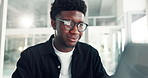 Business, online reading and black man with laptop, glasses and company website for newsletter. African person, ideas and journalist with pc, email and research for proposal, reflection and editing