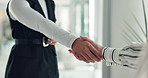 Business, people and shaking hands in meeting in office for b2b deal, partnership or agreement. Corporate, employees and handshake at work for welcome, onboarding offer and professional collaboration