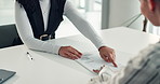 Business person, hands or interview with contract for signature, agreement or application in office. Employer, form and candidate signing with paper or legal document for hiring or recruting process