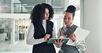 Meeting, office and business women on tablet for finance review, proposal and budget report. Professional, team and workers on digital tech in discussion for financial strategy, feedback and planning