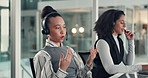 Explain, headset and support with women in call center together for feedback or virtual assistance. Contact us, customer service and laptop with people in coworking office for communication or help