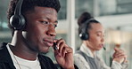 Business people, consultant or team with headset in call center for online advice or help. Businessman, woman or agents speaking with mic for remote web service, support or communication in workplace