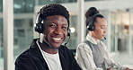 Face, man and smile with headset at call centre for career pride, about us and customer service. Portrait, male person and coworking with mic for consultation, tech support and help for crm ambition